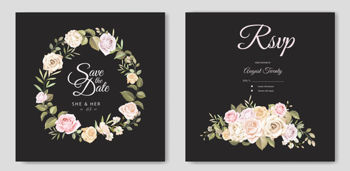 beautiful wedding invitation card with floral and leaves template