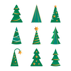Christmas trees vector illustration set on white background. Flat style design.