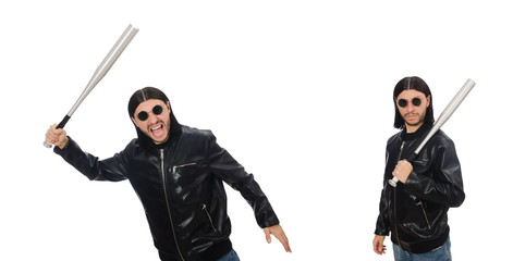 Aggressive man with baseball bat on white