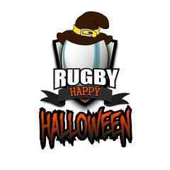 Rugby ball with witch hat and happy Hallowen