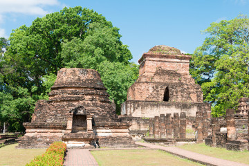 Sukhothai, Thailand - Apr 08 2018: Wat Mahathat in Sukhothai Historical Park, Sukhothai, Thailand. It is part of the World Heritage Site - Historic Town of Sukhothai and Associated Historic Towns.