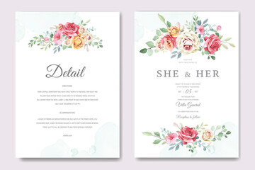 beautiful wedding invitation card with floral and leaves template