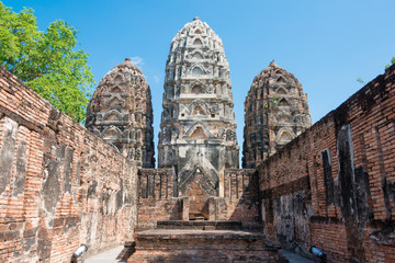 Sukhothai, Thailand - Apr 08 2018: Wat Si Sawai in Sukhothai Historical Park, Sukhothai, Thailand. It is part of the World Heritage Site - Historic Town of Sukhothai and Associated Historic Towns.