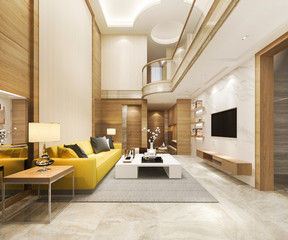3d rendering modern dining room and yellow living room with luxury decor high ceiling