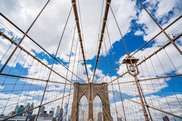 Brooklyn Bridge across East River to Low Manhattan New York. Wide angle view