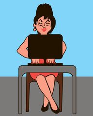 secretary behind in a red dress by computer