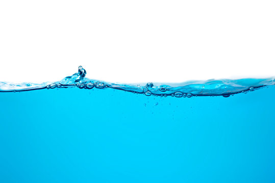 Blue water splashs wave surface with bubbles of air on white background.