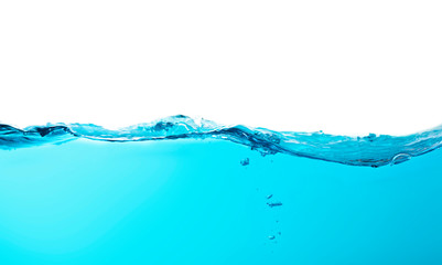 Blue water splashs wave surface with bubbles of air on white background.