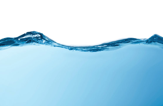 Blue water splashs wave surface with bubbles of air on white background.