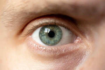 close up of male eye with green iris