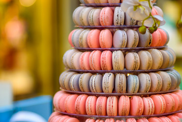 A tower of french macaroons for a city retail display