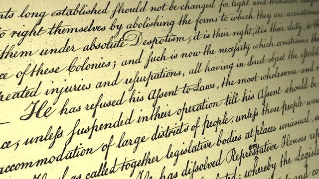 Declaration of independence of USA. Handwritten by Thomas Jefferson and adopted by 2nd Continental Congress in Philadelphia on July 4th, 1776. Cinematic close-up panorama from left to right.