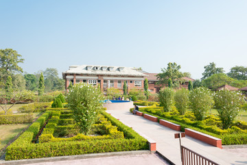 Lumbini, Nepal - Dec 09 2017: Shechen Stupa French Buddhist Association (French Temple) in Lumbini, Nepal. Lumbini, the Birthplace of the Lord Buddha and The Eight Great Places.