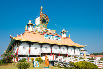 Lumbini, Nepal - Dec 09 2017: The Great Drigung Kagyud Lotus Stupa (German Temple) in Lumbini, Nepal. Lumbini, the Birthplace of the Lord Buddha and The Eight Great Places.