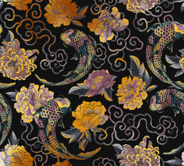 Beautiful trendy Japanese pattern in tattoo style. Seamless wallpaper with asian flowers and  koi