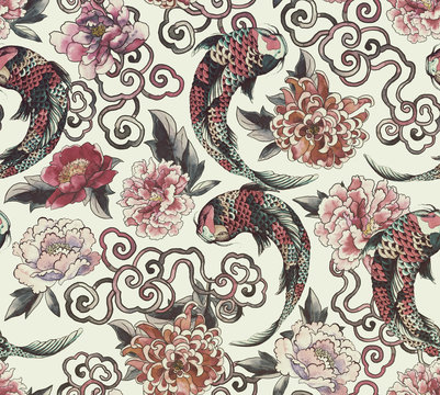 Beautiful trendy Japanese pattern in tattoo style. Seamless wallpaper with asian flowers and  koi