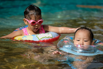 seen of little child learn how to swim with  swimming ring and neck ring.