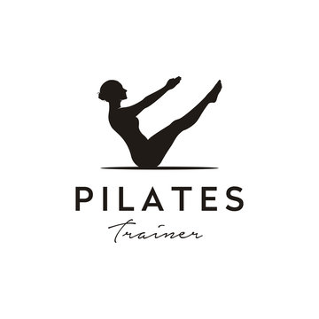 Sitting Pose Pilates Woman Silhouette, Girl with Beauty Body Hair and Face at exercise gym logo design 