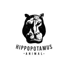 Vintage hand drawn cartoon of hippopotamus for web design symbol