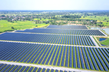 Aerial view from drone at solar farm in Thailand, A solar cell panels convert solar energy into electrical power for renewable energy.