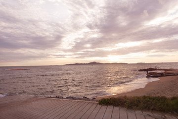 Fototapeta premium Sunset sea beach. Clouds on the sky