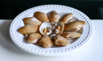 Oyster on plate with white background.