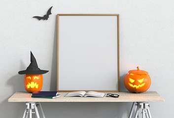 Halloween poster mock up in studio room and pumpkins, jack-o-lantern. 3D render