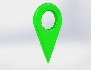 LOCATION pin glossy green arrow. The concept of tagging a sign landmark needle tip to create a route search. Isolated on white background 3D rendering 3D. – Illustration  