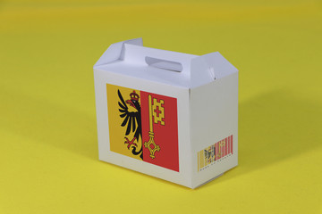 Geneva flag on white box with barcode and the color of canton flag on yellow background. The...