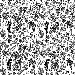 Hand drawn seamless pattern vector illustrator with leaves, herbs, berries, nuts and other plants on it