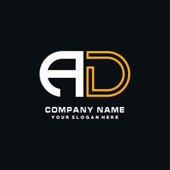 AD initial logo oval shaped letter. Monogram Logo Design Vector, color logo white blue, white yellow,black background.