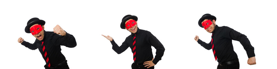 Young man with red mask isolated on white