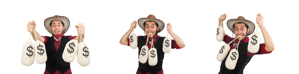 Young cowboy with money bags isolated on white