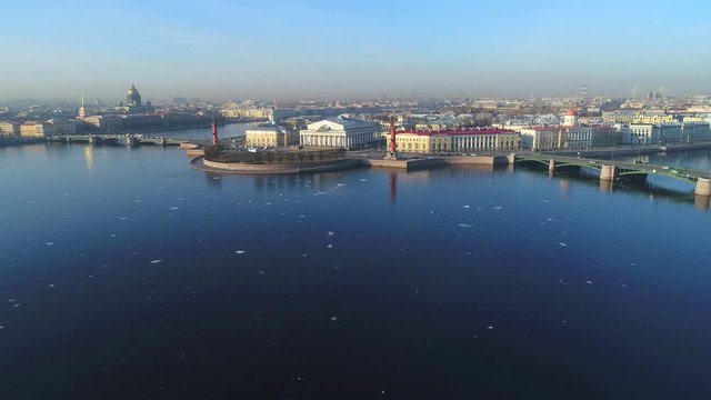 April morning over the arrow of Vasilievsky island (aerial video). Saint Petersburg, Russia