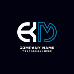 KM initial logo oval shaped letter. Monogram Logo Design Vector, color logo white blue, white yellow,black background.