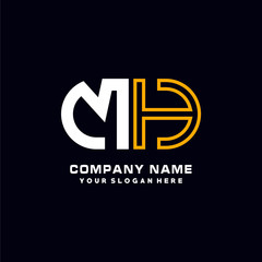 MH initial logo oval shaped letter. Monogram Logo Design Vector, color logo white blue, white yellow,black background.