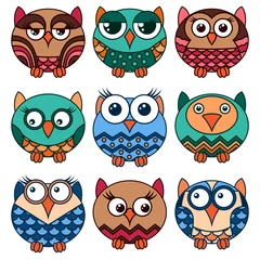 Fotobehang Nine funny various oval owls © natareal