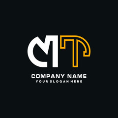 MT initial logo oval shaped letter. Monogram Logo Design Vector, color logo white blue, white yellow,black background.
