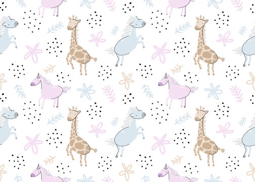 Fototapeta Seamless pattern with hand drawn animals: horse,unicorn, giraffe. Creative childish background. Perfect for kids apparel, fabric, textile, nursery decoration,wrapping paper. Vector Illustration