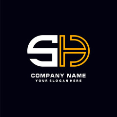 SH initial logo oval shaped letter. Monogram Logo Design Vector, color logo white blue, white yellow,black background.