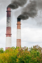 Tall brick chimneys against the sky and foliage. Smoke factory chimneys