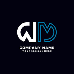WM initial logo oval shaped letter. Monogram Logo Design Vector, color logo white blue, white yellow,black background.