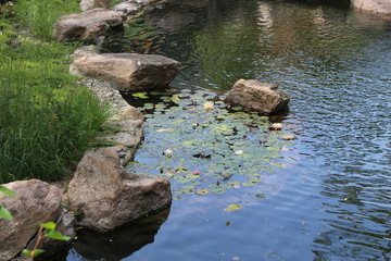 The shore of the artificial pond is lined with large stones.