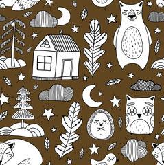 Flat illustration sleepy forest with owl, bear, hedgehog, fox, the moon, stars, trees and house. Perfect for print, baby cloths print and linens