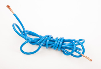 Blue electric wire on white background