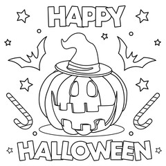 Coloring page. Black and white vector illustration with happy pumpkin in witch hat. Lettering `Happy Halloween`. - 292467715