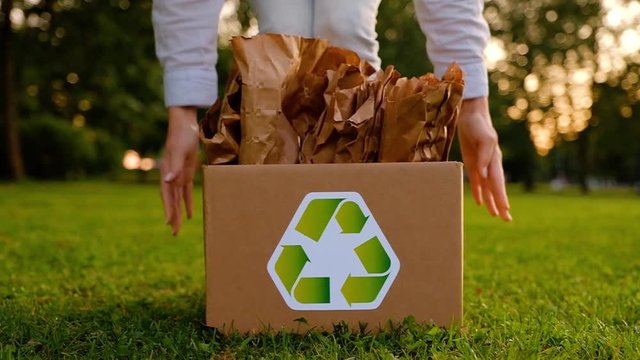 Young woman holds a box with paper bags with a recyclable raw material icon