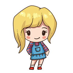 Vector illustration of cute chibi character isolated on white background. Cartoon little girl in denim sundress and long sleeve.