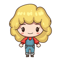 Vector illustration of cute chibi character  isolated on white background. Cartoon little girl in denim overalls.