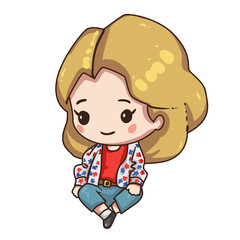 Vector illustration of cute chibi character isolated on white background. Cartoon girl in blue jeans, white t-shirt with flower print. Girl in sitting pose.